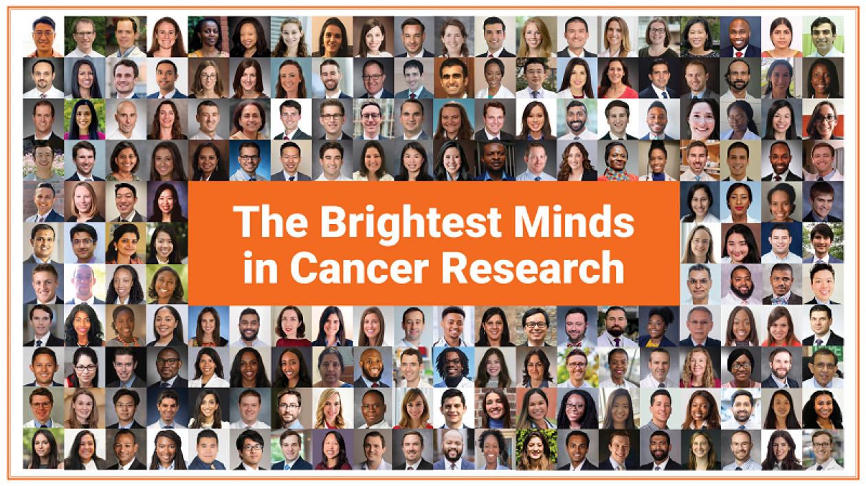 Collage of all Class of 2021 Grant & Award recipients. In the center, it reads "The brightest minds in cancer research" in white, layered on top of an orange rectangle