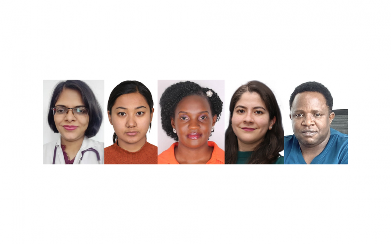 Collage of five 2023 International Innovation Grant recipients. From left to right: Dr. Aparna Sharma; Dr. Rubina Suwal; Dr. Pamela Bakkabulindi; Dr. Haydee Verduzco-Aguirre; Dr. Shakilu Jumanne