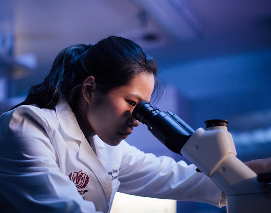 Researcher looking into microscope