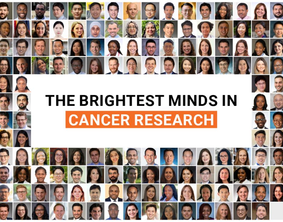 Collage of all Conquer Cancer grant and award recipients in 2024. Middle text reads "The Brightest Minds in Cancer Research."