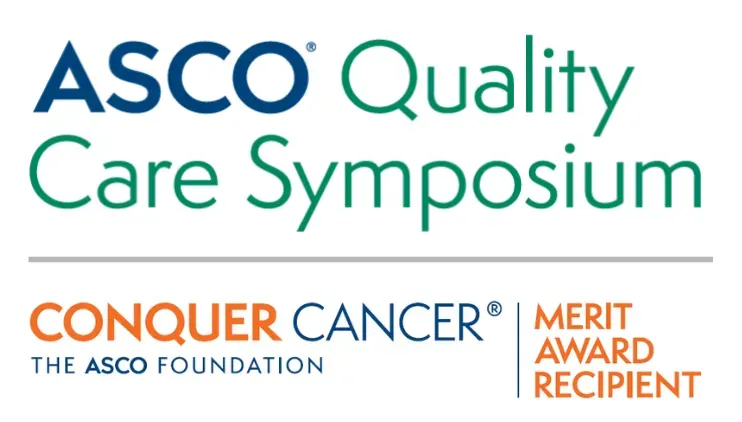 ASCO Quality Care Symposium logo on top, colored turquoise green, and Conquer Cancer's Merit Award Recipient logo on bottom, colored orange and ASCO branded blue