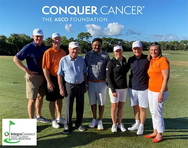 (Left to right): Ernie Els; Skip Burris, MD, FACP, FASCO; Jack Nicklaus; Raj Mantena, RPh; Annika Sörenstam; Clifford Hudis, MD, FACP, FASCO; Nancy Daly, MS, MPH, at the 2021 Integra Golf Classic.