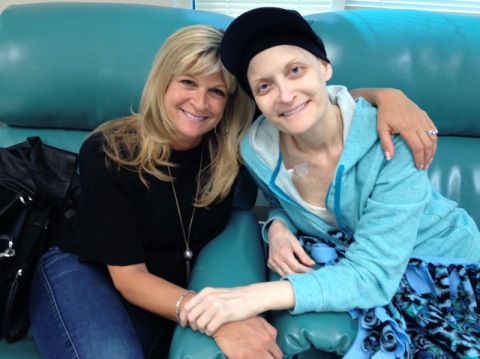 Brenda Brody post-treatment, wearing a black hat and bright teal jacket. She's sitting next to a friend with arms linked. Both are smiling facing forward.