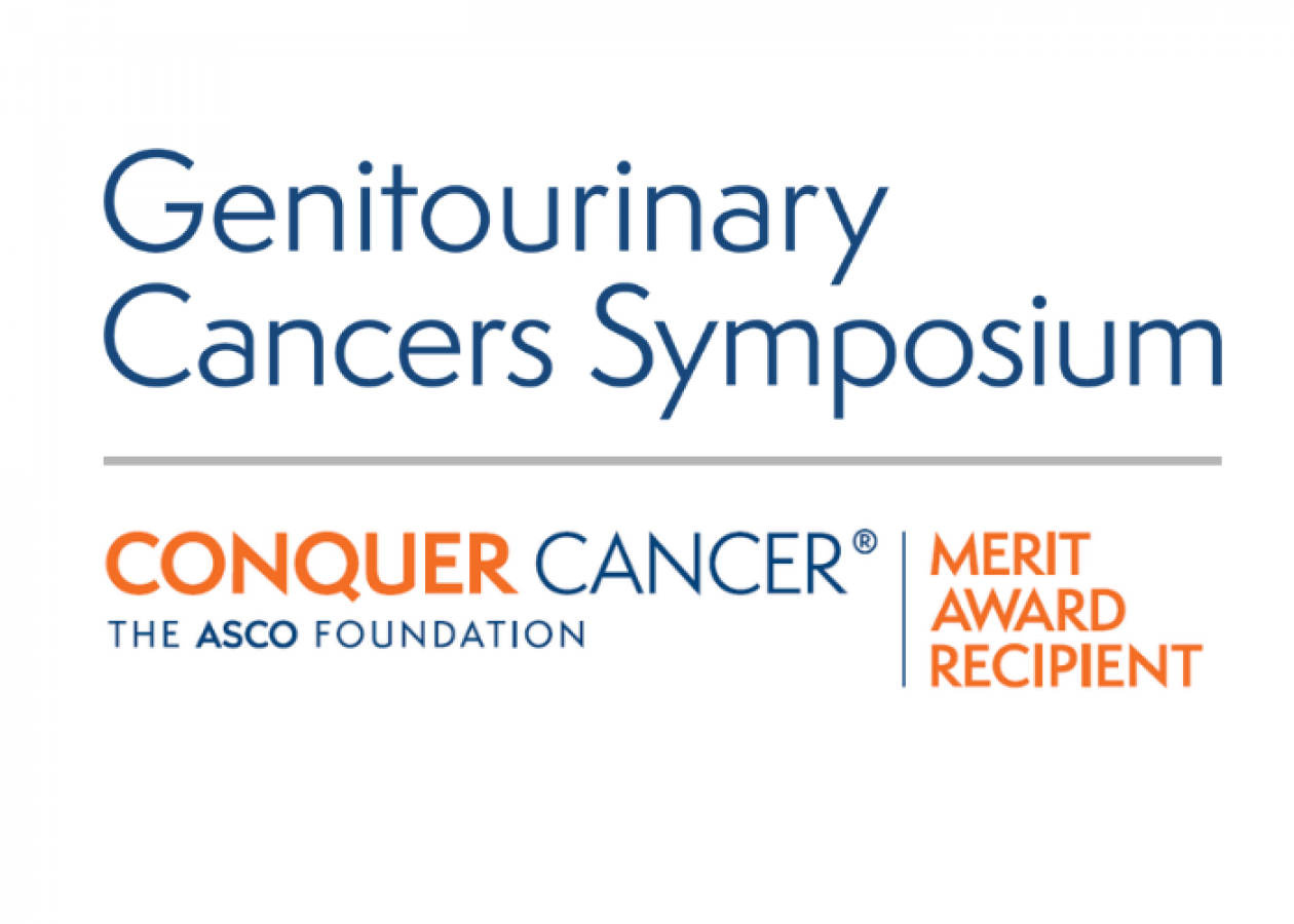 Genitourinary Cancers Symposium (shaded dark blue) on top of the Conquer Cancer logo, adjacent to 'Merit Award Recipient'