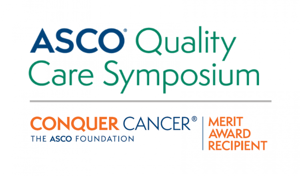 ASCO Quality Care Symposium logo on top, colored turquoise green, and Conquer Cancer's Merit Award Recipient logo on bottom, colored orange and ASCO branded blue