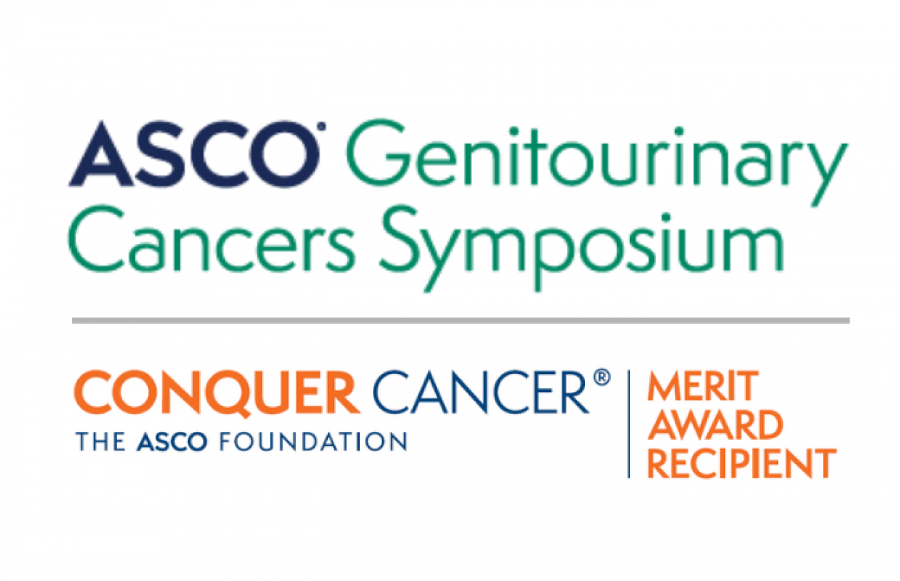 ASCO Genitourinary Cancers Symposium logo paired with Conquer Cancer Merit Award Recipient logo
