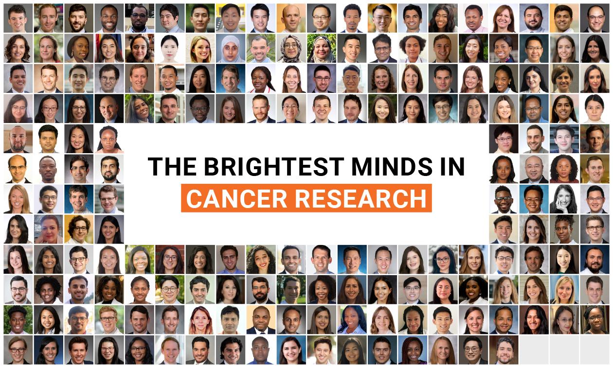 Collage of all Conquer Cancer grant and award recipients in 2024. Middle text reads "The Brightest Minds in Cancer Research."