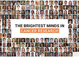 Collage of all Conquer Cancer grant and award recipients in 2024. Middle text reads "The Brightest Minds in Cancer Research."